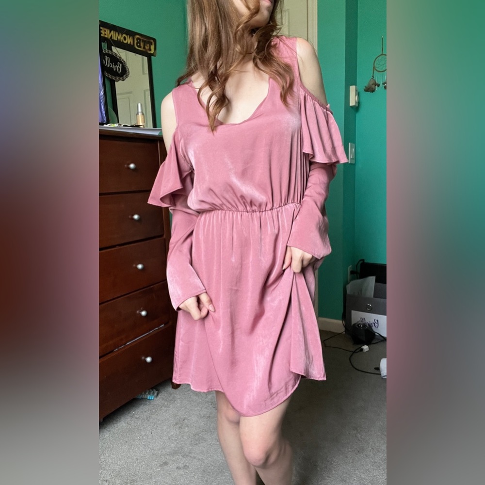 V neck, Pink, Long sleeve, soft dress